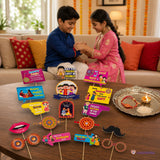 17 pcs raksha bandhan photo booth props kit with colorful cartoon-themed designs on sticks for festive selfies