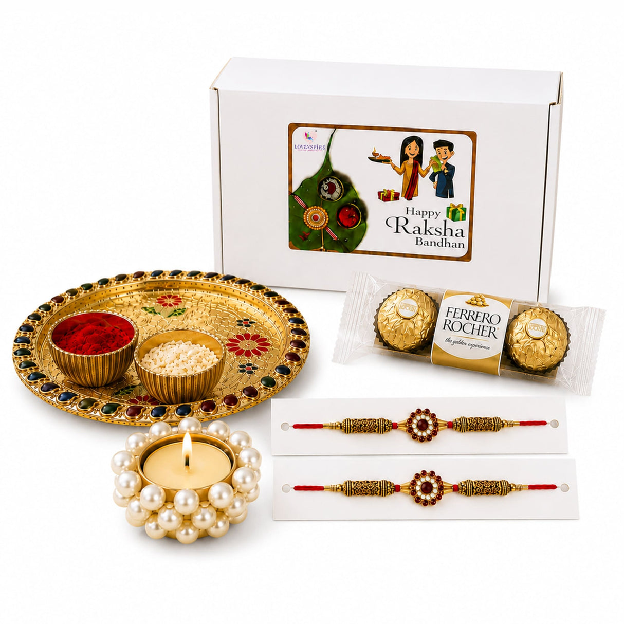 Golden ornate rakhi gift hamper with meenakari pooja thali set, two floral rakhi bracelets, chocolates, and pearl candle holder