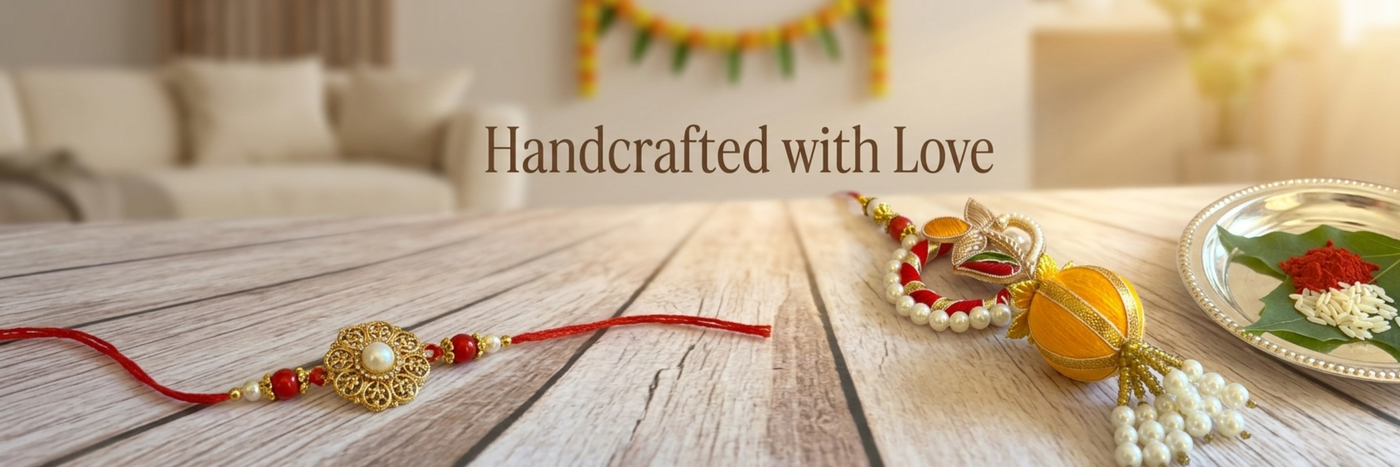 Handcrafted jewelry on a wooden table with 'Handcrafted with Love' text.