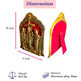 Golden aluminum alloy ram darbar wall hanging with three detailed figures under ornate arch on vibrant red backing for pooja