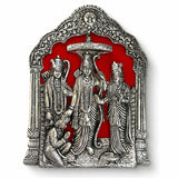 Silver ornate Ram Darbar wall hanging with three deities on red background for pooja and home decor alloy metal