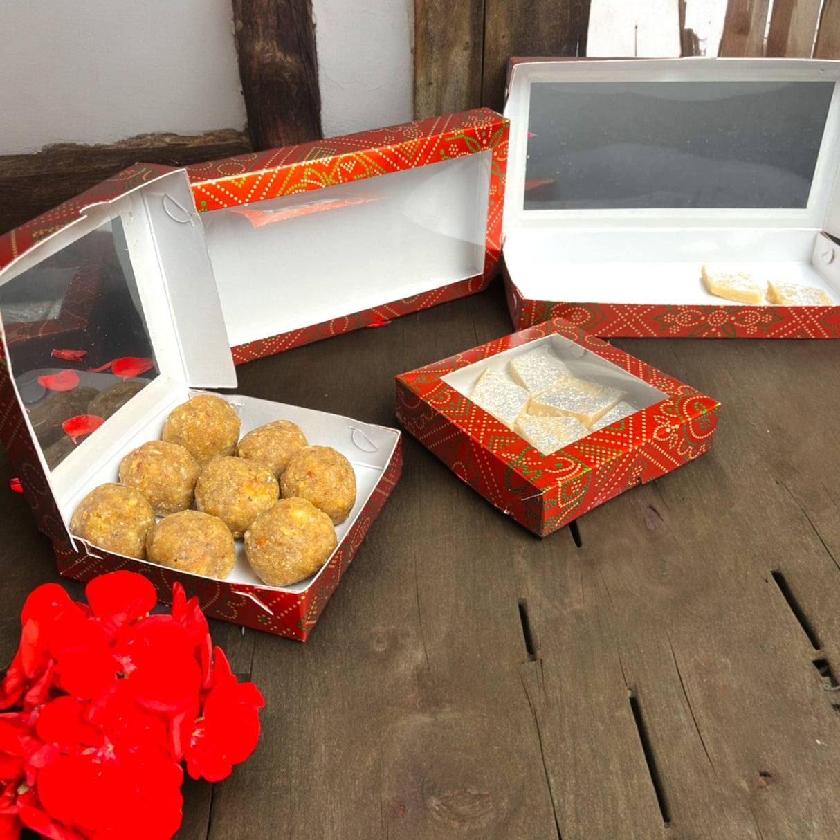 Sweet boxes for indian sweets red bandhani empty mithai box