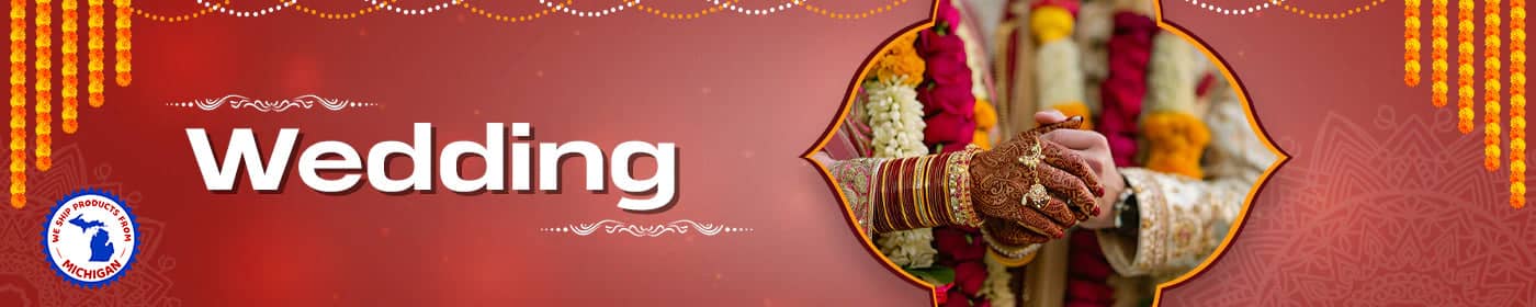 Red banner with white ’Wedding’ text and a small circular photo showing hands holding flowers.