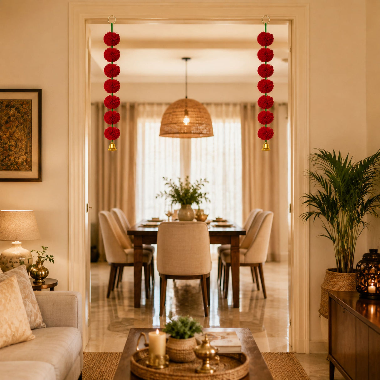 4.5 feet red marigold toran garland with pom-pom clusters and golden bells for Indian wedding and festive door hanging