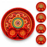 Decorative pooja thali 6-inch metal plate with vibrant red trays and attached bowls for haldi kumkum rituals