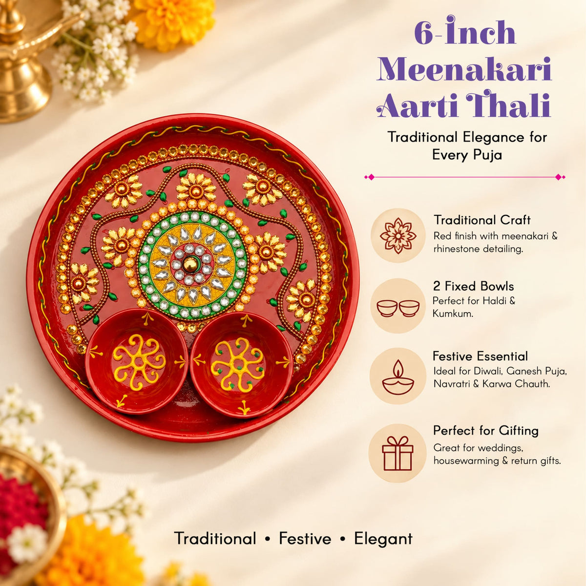 Decorative 6-inch metal pooja thali in red meenakari with gold green floral patterns and two fixed bowls for aarti rituals