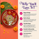 Red metallic 6 inch handmade rhinestone pooja aarti thali with intricate gold green meenakari floral patterns and beads