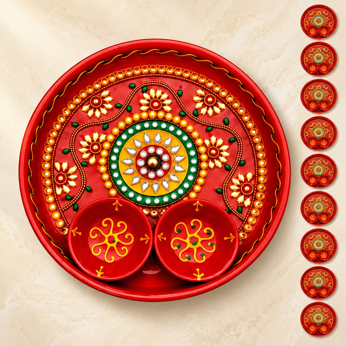 Decorative pooja thali metal plate in red with gold green floral patterns and attached bowls for haldi kumkum rituals