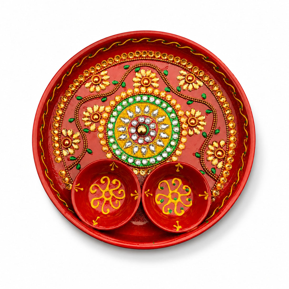 6 inch rhinestone pooja aarti thali with red meenakari work, gold green floral patterns, and two small decorative bowls