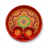 6 inch rhinestone pooja aarti thali with red meenakari work, gold green floral patterns, and two small decorative bowls