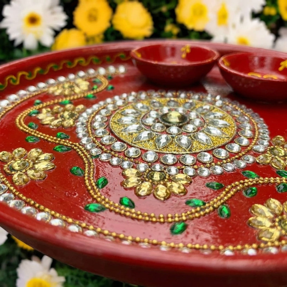 6 inch red decorative pooja aarti thali with intricate meenakari work rhinestones and central floral motif for festive puja