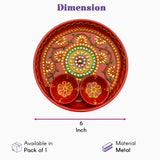 Red metallic 6 inch rhinestone pooja aarti thali with gold meenakari work and two small red bowls for puja use
