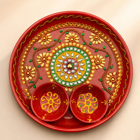 Red 6 inch rhinestone pooja aarti thali with meenakari work and gold green floral patterns for Diwali puja