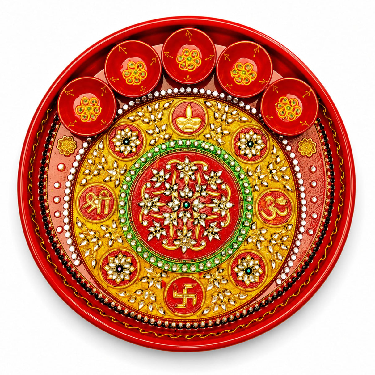 Vibrant red handmade pooja thali with gold green floral patterns rhinestones and 5 diya bowls for aarti rituals