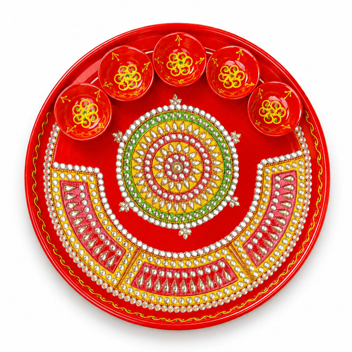 Pooja thali with 5 diya bowls featuring vibrant red paint and intricate gold green white beadwork for aarti rituals
