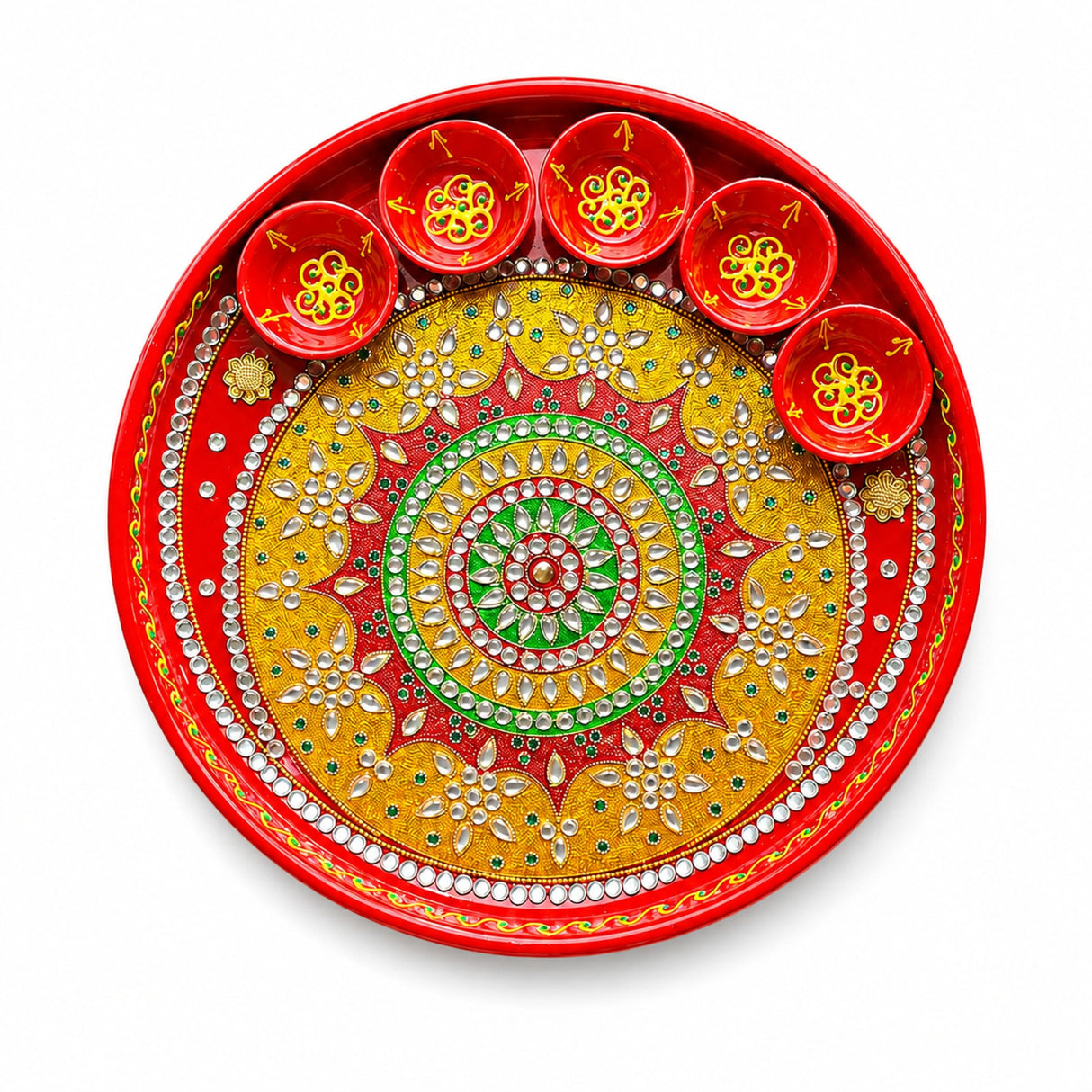 Vibrant red handmade pooja thali with rhinestone embellishments and six matching diya bowls for rituals and festivals