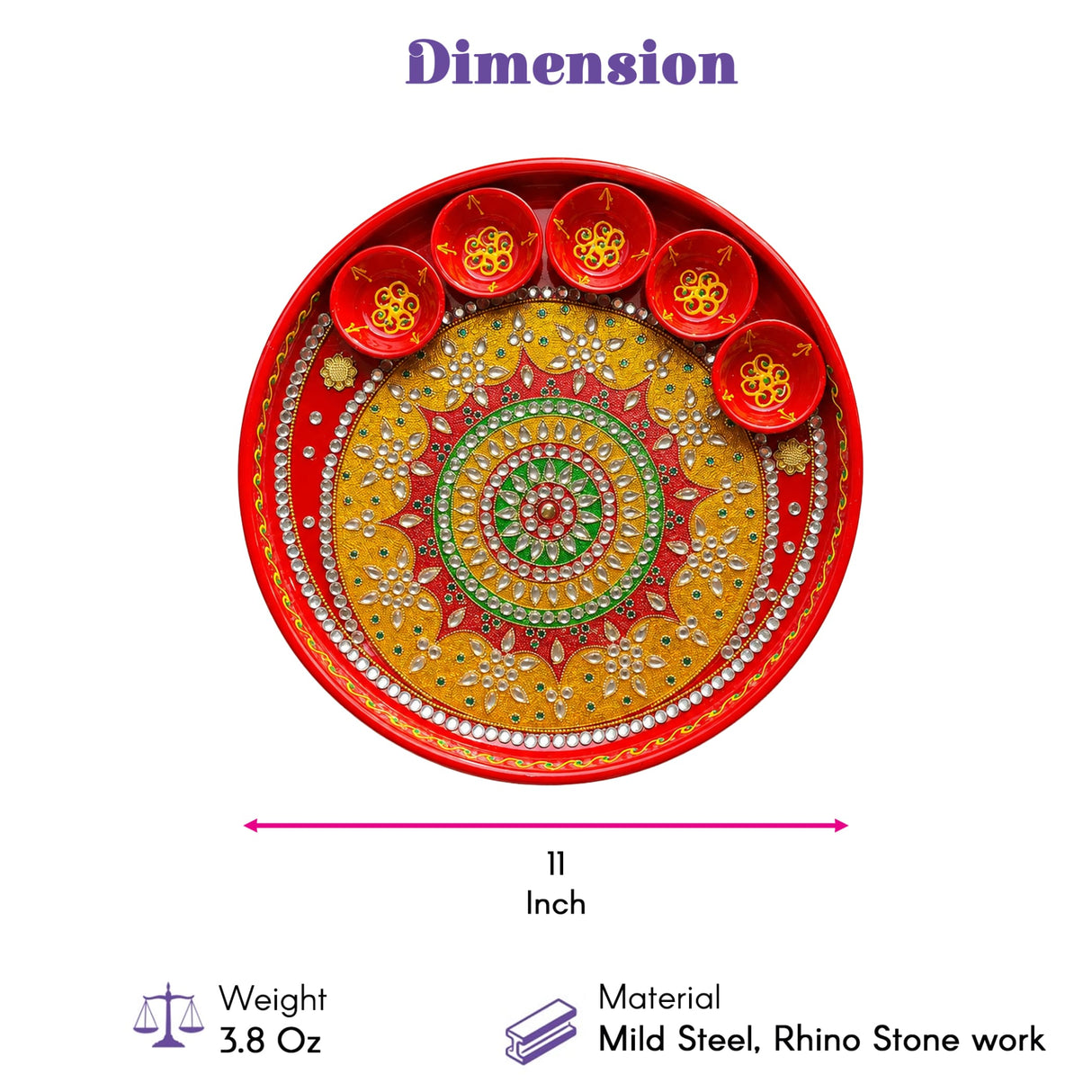 A vibrant red handmade pooja thali with gold green mandala designs and six matching rhinestone embellished diya bowls