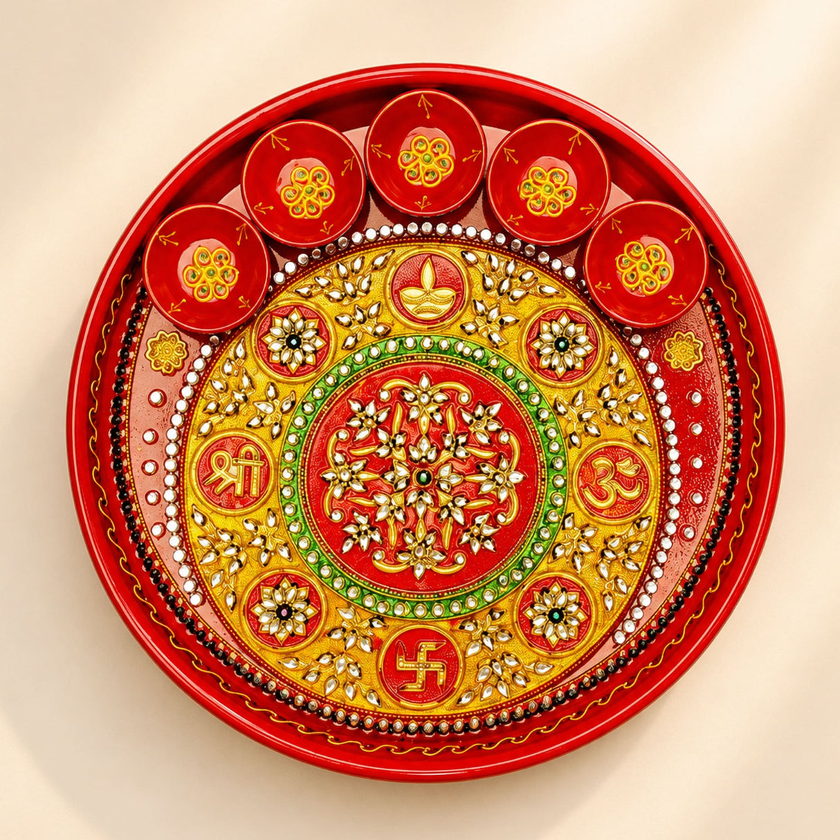 Pooja thali with 5 diya bowls featuring vibrant red rhinestone painted handmade design for aarti rituals and festivals