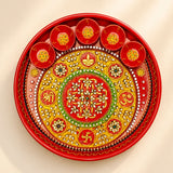 Pooja thali with 5 diya bowls featuring vibrant red rhinestone painted handmade design for aarti rituals and festivals