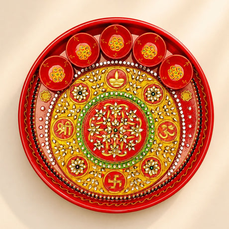 Pooja thali with 5 diya bowls featuring vibrant red rhinestone painted handmade design for aarti rituals and festivals