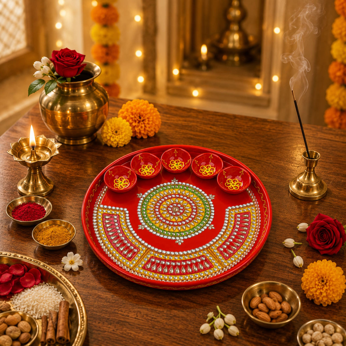 Pooja thali with 5 diya bowls red painted handmade decorative platter with gold green mandala patterns and rhinestones