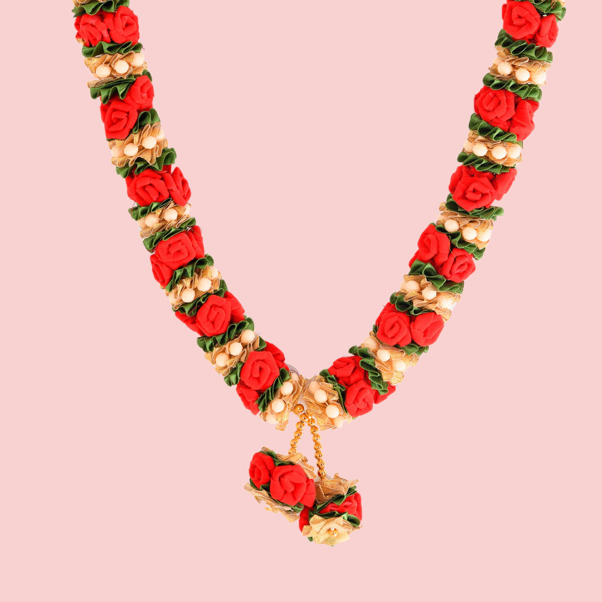 Vibrant red green velvet varmala garland with pearl accents golden clasp