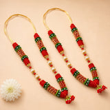 Red and green woven floral god goddess haar mala garland with gold accents satin reusable for idol pooja and temple decor