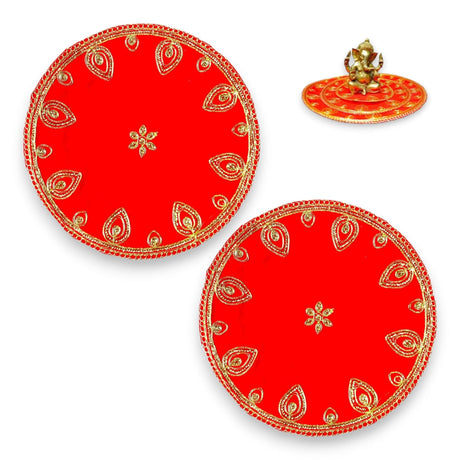 Red Velvet Pooja Mat Aasan Decorative Cloth for God Goddess Idol Puja Asan Mandir Temple Home Office Decor Base Chowki Indian Festival Diwali Decorations Item - Housewarming Gift - LoveNspire