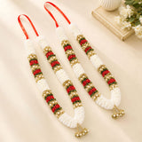 Elegant white red and gold artificial wedding varmala with pearl accents and decorative tassels for bride and groom