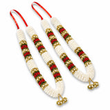 Pack of 2 varmala wedding floral garlands in white red and gold with pearl accents and decorative tassels for bride and groom