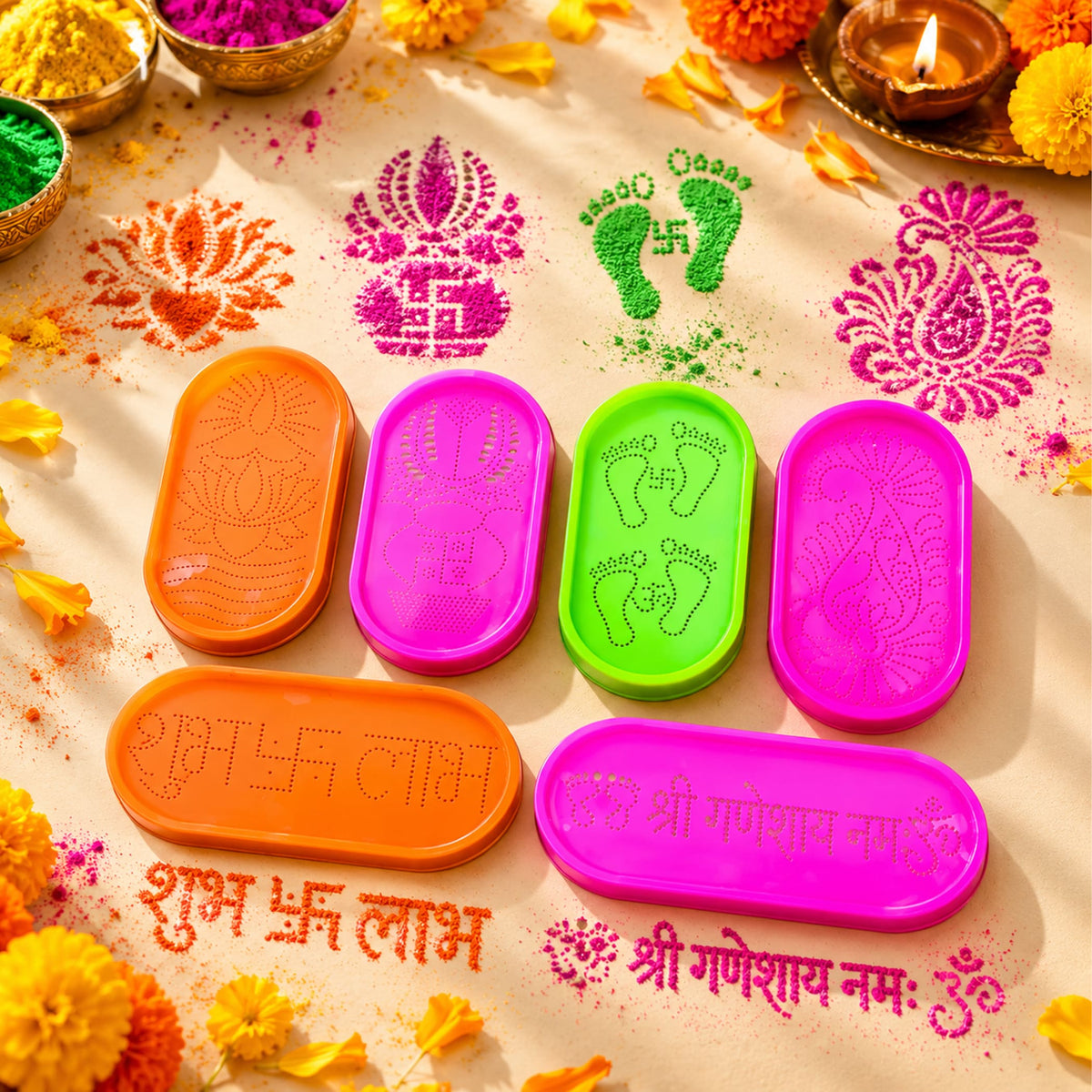 Set of colorful plastic stamp molds for reusable rangoli stencil kit for traditional Indian Diwali and puja decoration