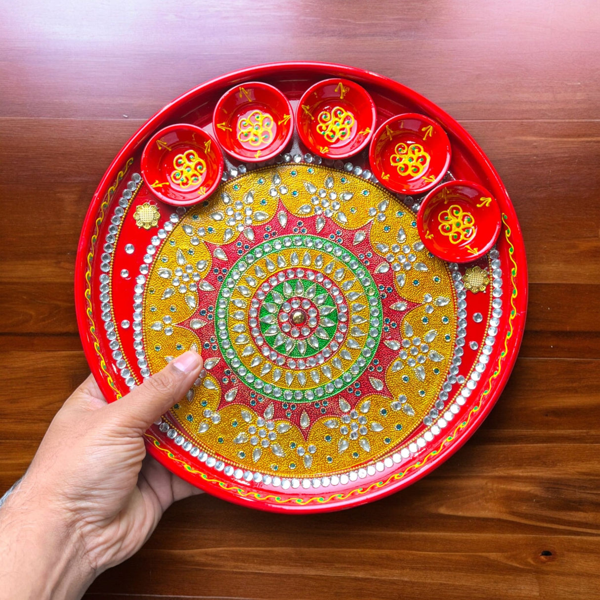 Pooja thali with 5 diya bowls rhinestone red painted