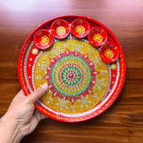 Pooja thali with 5 diya bowls rhinestone red painted