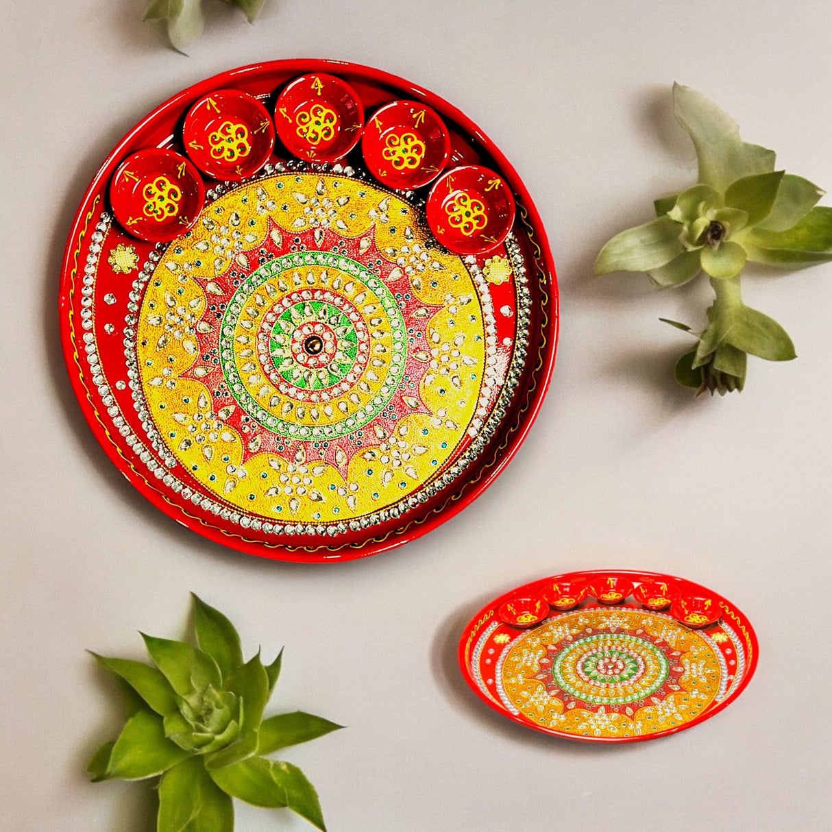 Pooja thali with 5 diya bowls rhinestone red painted