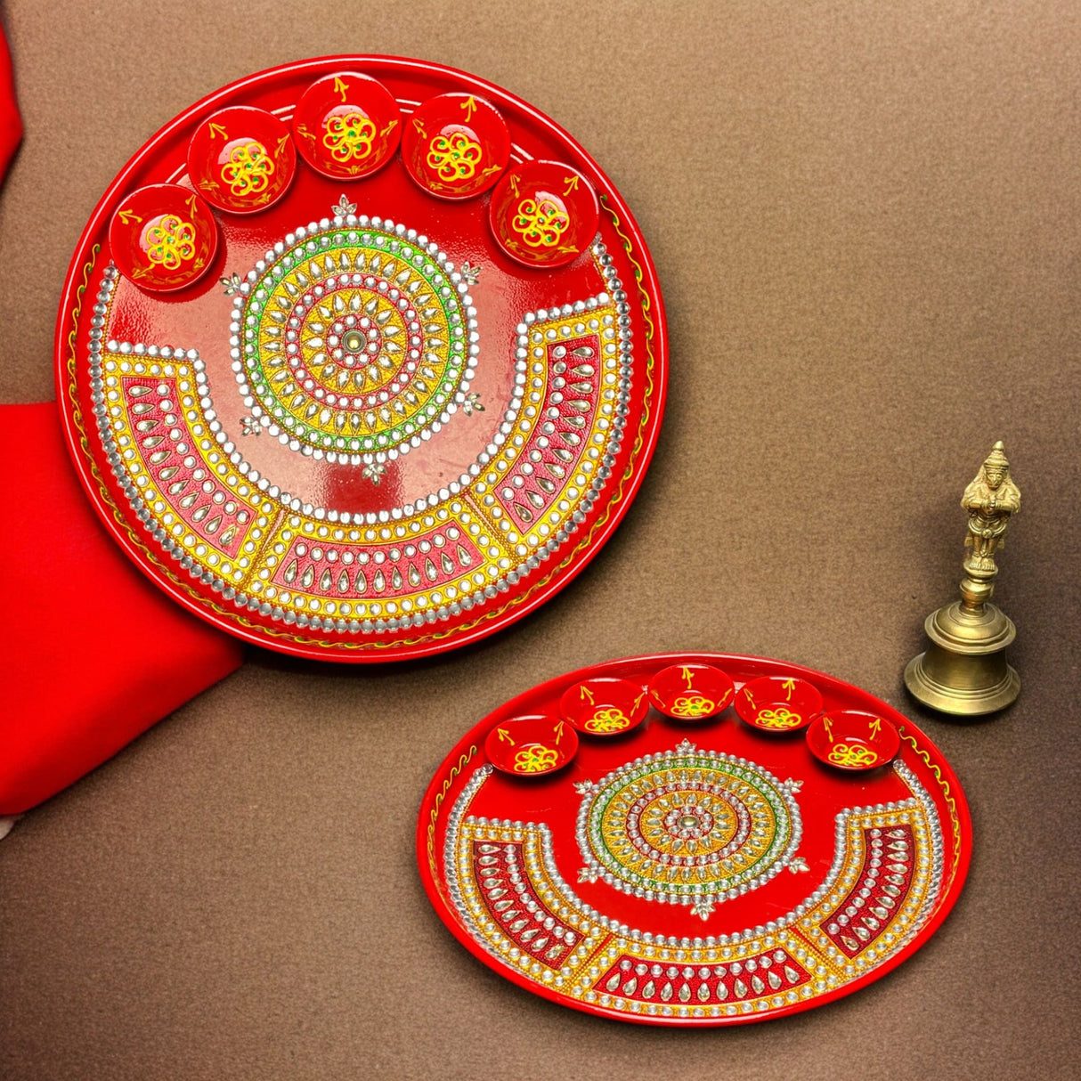 Pooja thali with 5 diya bowls rhinestone red painted