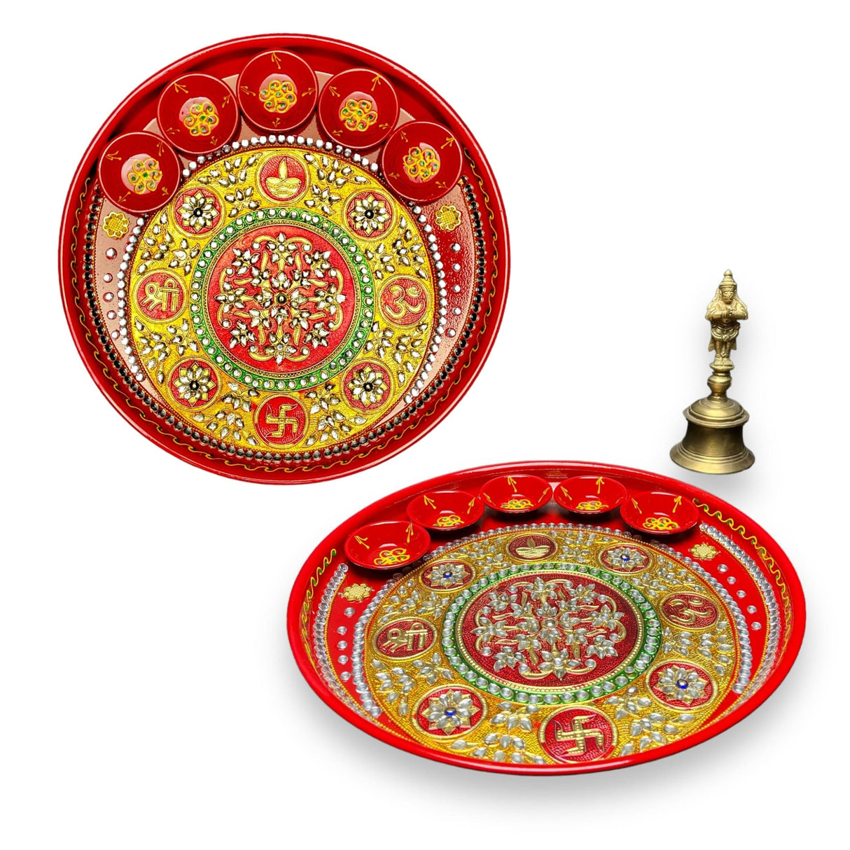 Pooja thali with 5 diya bowls rhinestone red painted