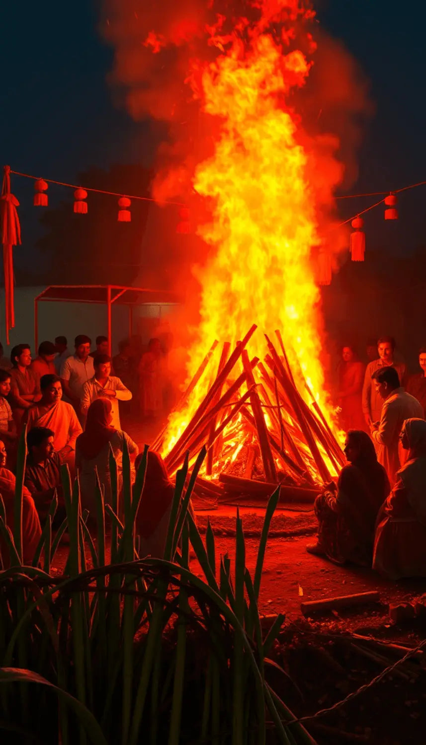 A lively Lohri bonfire surrounded by families celebrating, with sugarcane stalks and traditional decorations, radiating warmth and community spirit.