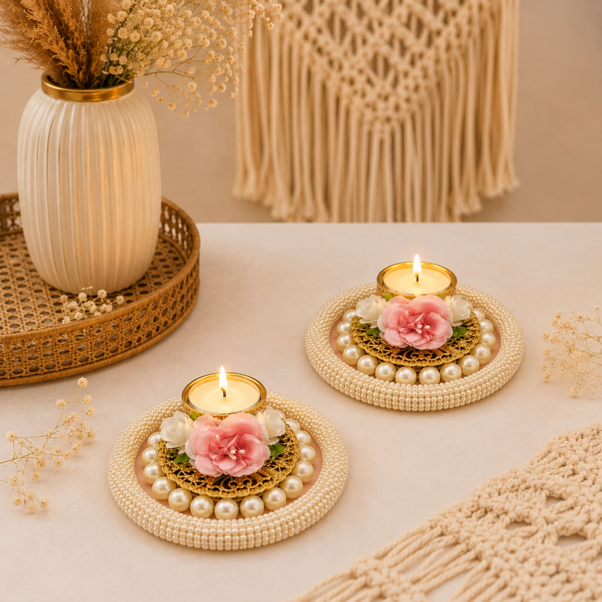 Elegant gold-toned rose pearl tealight candle holders with pink white floral embellishments and beaded pearl border