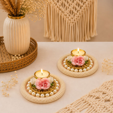 Elegant gold-toned rose pearl tealight candle holders with pink white floral embellishments and beaded pearl border