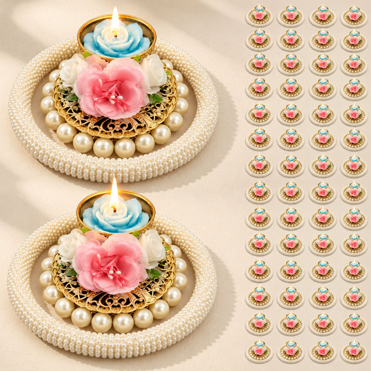 Elegant gold-toned rose pearl tea light candle holders with faux pearls and blue rose candles for festive home decor