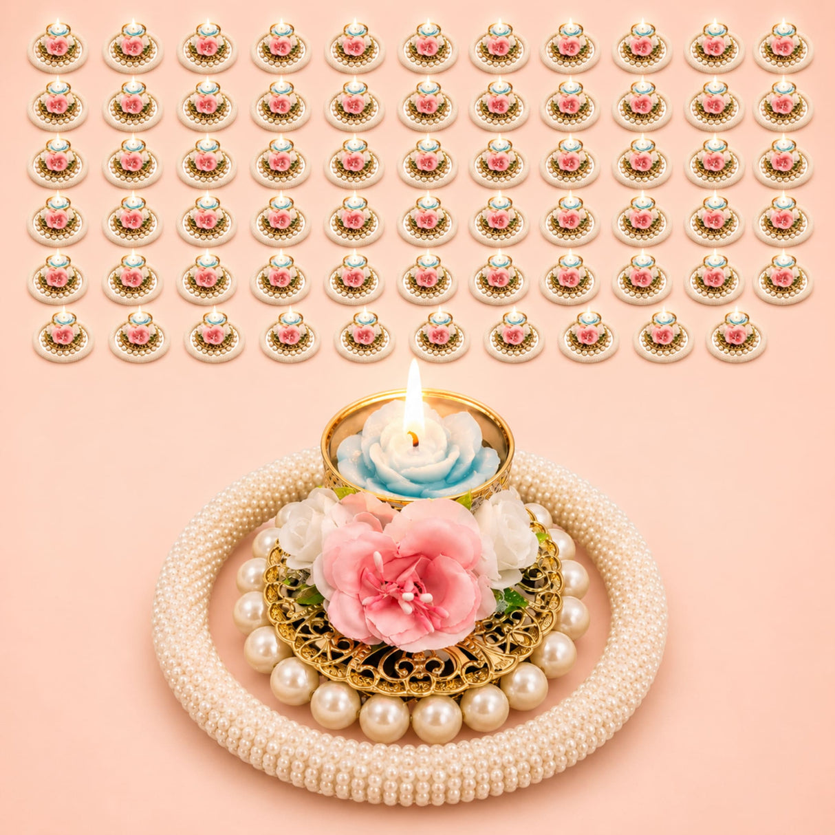 A delicate gold-toned rose pearl tealight candle holder with pink white artificial flower and pearls for festive decor