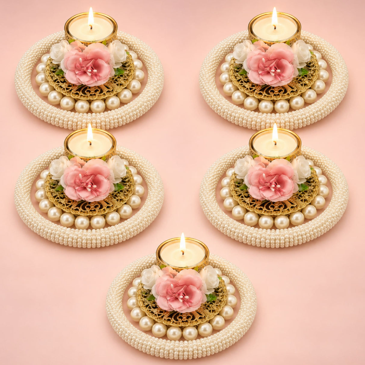 Elegant gold-toned rose pearl tealight candle holders with pink white artificial flowers and cream-colored pearl ring for decor