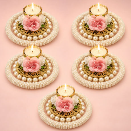 Elegant gold-toned rose pearl tealight candle holders with pink white artificial flowers and cream-colored pearl ring for decor