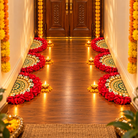 Floral decorative rose rangoli centrepiece with vibrant red white flowers gold accents on embroidered green gold mat for Diwali decor