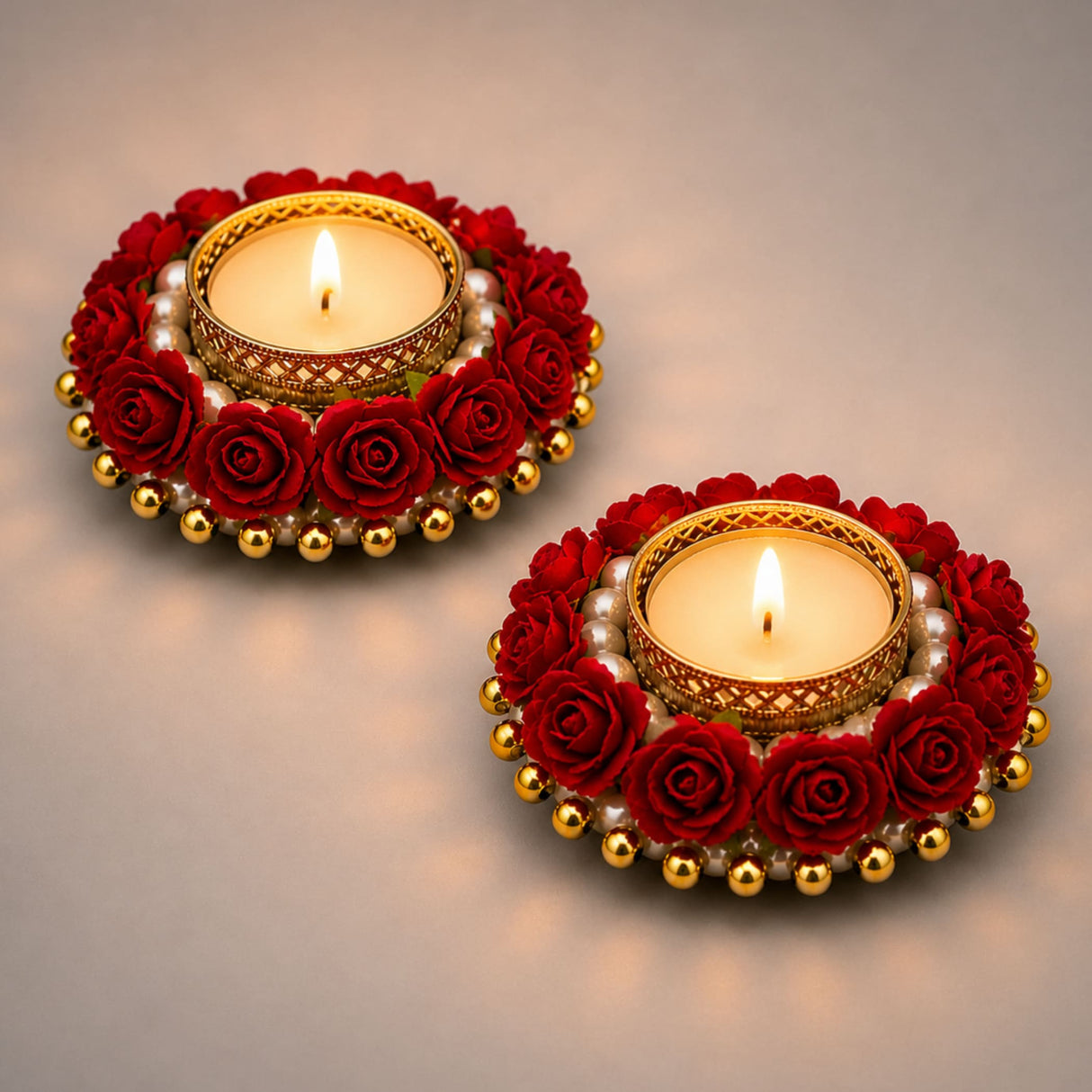 2ct rose tealight candle holders adorned with red roses, gold finish, pearls, and beads for festive home decor