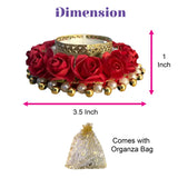 Rose tea light candle holder with red paper roses gold tone pearls and metallic beads for diwali pooja and festive decor