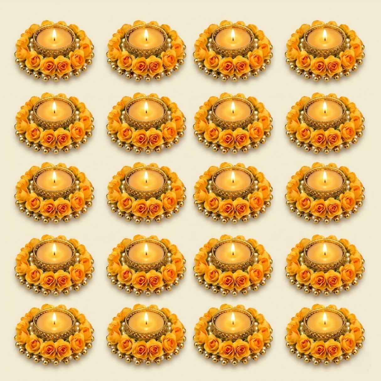 Golden ornamental rose candle holder tealight stand with artificial orange roses and beads for festive home decor