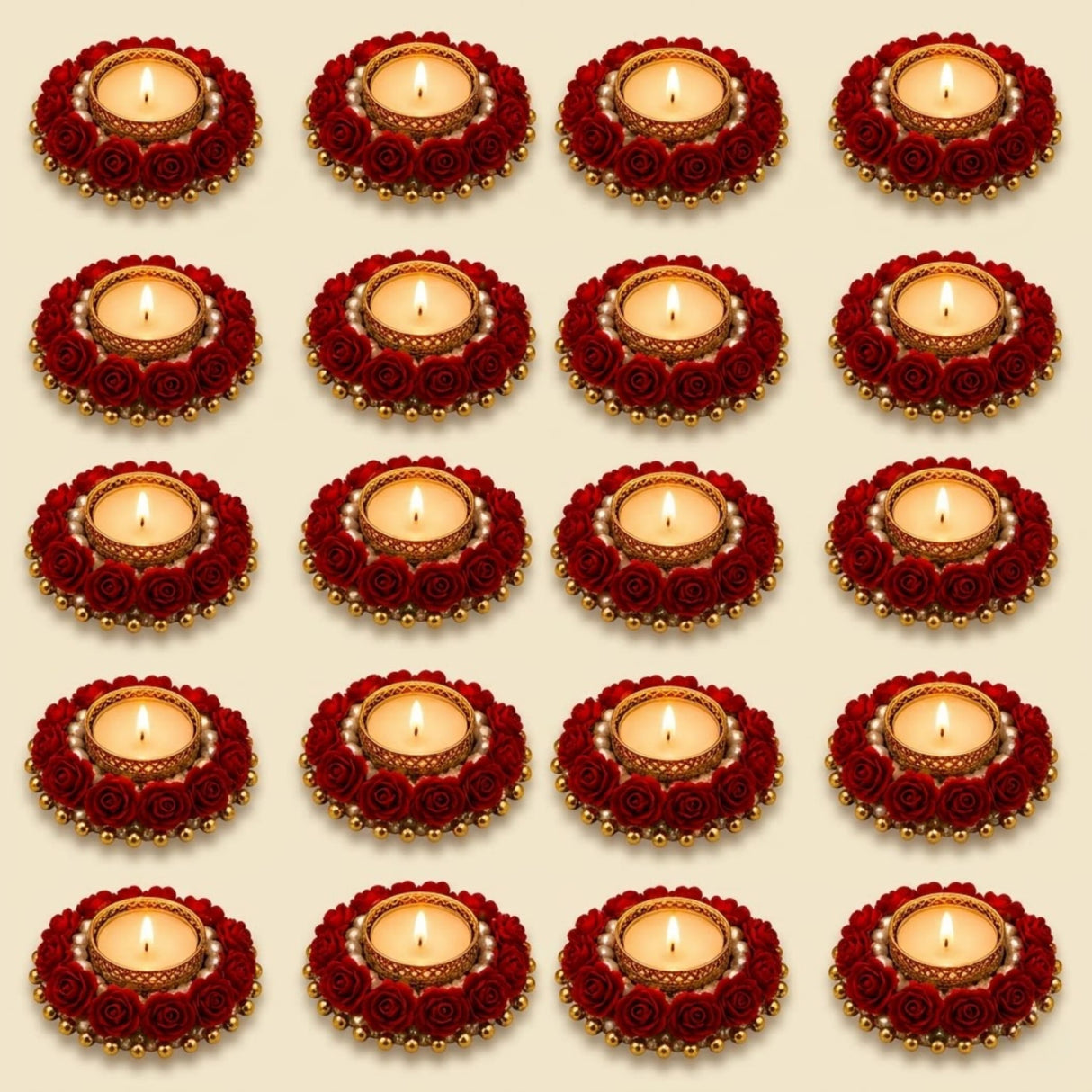 Red rose-adorned gold and pearl candle holders for festive tealight decor centerpieces and dining tables