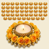 Golden ornate rose candle holder adorned with yellow roses and pearls festive tealight stand for holiday decor
