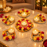 Golden floral rose tealight rangoli candle holders with red and yellow roses pearls and intricate lace for festive decor